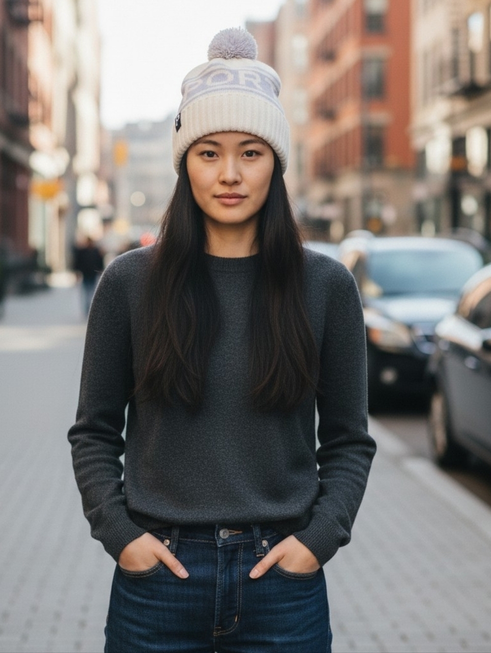 💜 Portland Gear Letter Block Knit Pom-Pom Beanie Cream & Lavender One Size ❄️